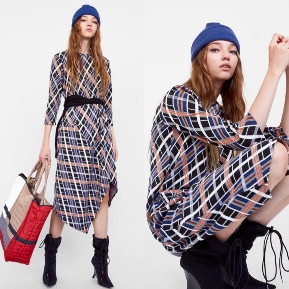 Zara Assymmetrical Stylish Multicolor Plaid Women's Dress